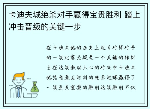 卡迪夫城绝杀对手赢得宝贵胜利 踏上冲击晋级的关键一步