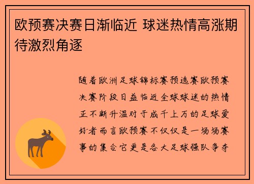 欧预赛决赛日渐临近 球迷热情高涨期待激烈角逐