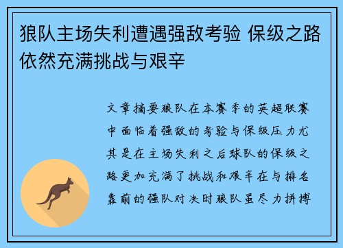 狼队主场失利遭遇强敌考验 保级之路依然充满挑战与艰辛