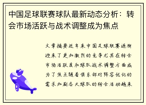 中国足球联赛球队最新动态分析：转会市场活跃与战术调整成为焦点