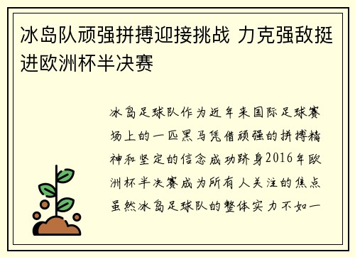 冰岛队顽强拼搏迎接挑战 力克强敌挺进欧洲杯半决赛