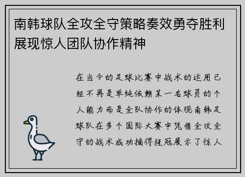 南韩球队全攻全守策略奏效勇夺胜利展现惊人团队协作精神
