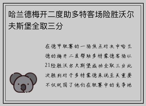 哈兰德梅开二度助多特客场险胜沃尔夫斯堡全取三分