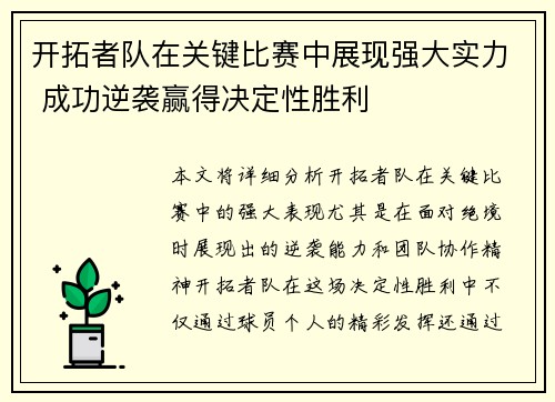 开拓者队在关键比赛中展现强大实力 成功逆袭赢得决定性胜利