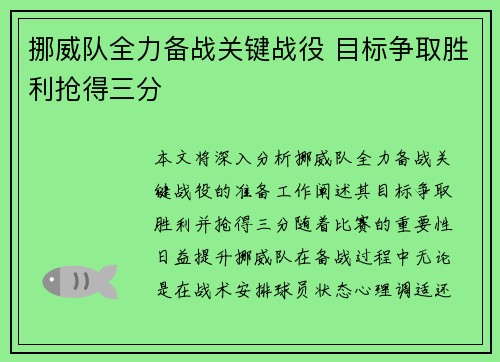 挪威队全力备战关键战役 目标争取胜利抢得三分