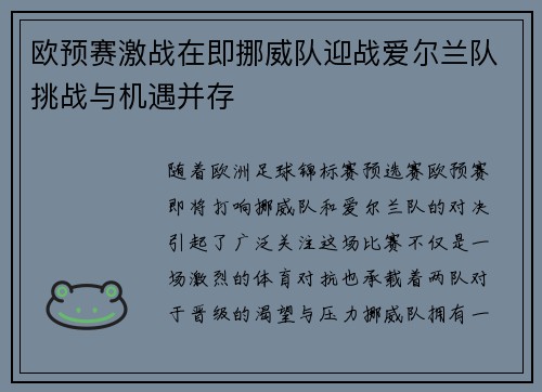 欧预赛激战在即挪威队迎战爱尔兰队挑战与机遇并存