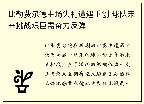 比勒费尔德主场失利遭遇重创 球队未来挑战艰巨需奋力反弹