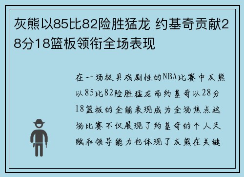 灰熊以85比82险胜猛龙 约基奇贡献28分18篮板领衔全场表现