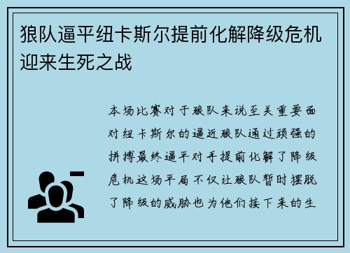 狼队逼平纽卡斯尔提前化解降级危机迎来生死之战