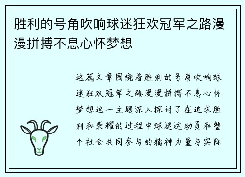 胜利的号角吹响球迷狂欢冠军之路漫漫拼搏不息心怀梦想
